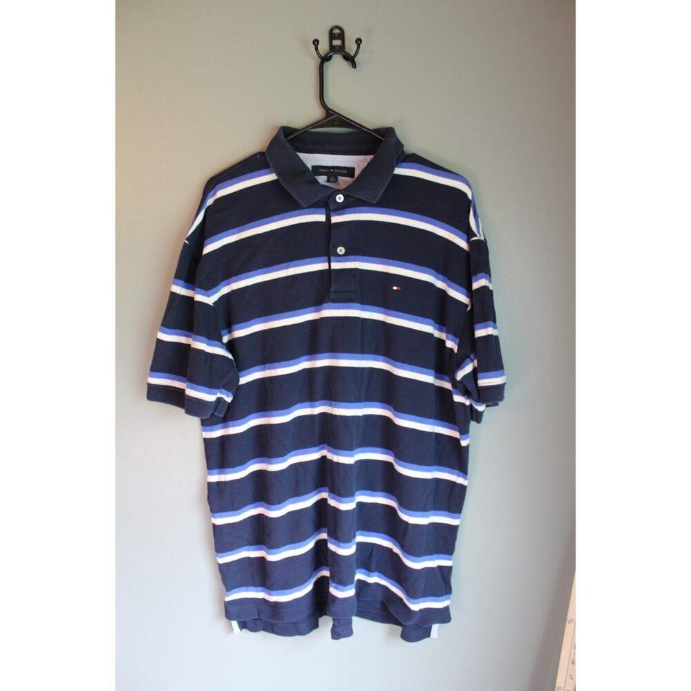 Vtg 2000s Tommy Hilfiger Polo Shirt Mens Size XL Blue Striped Short Sleeve Y2k